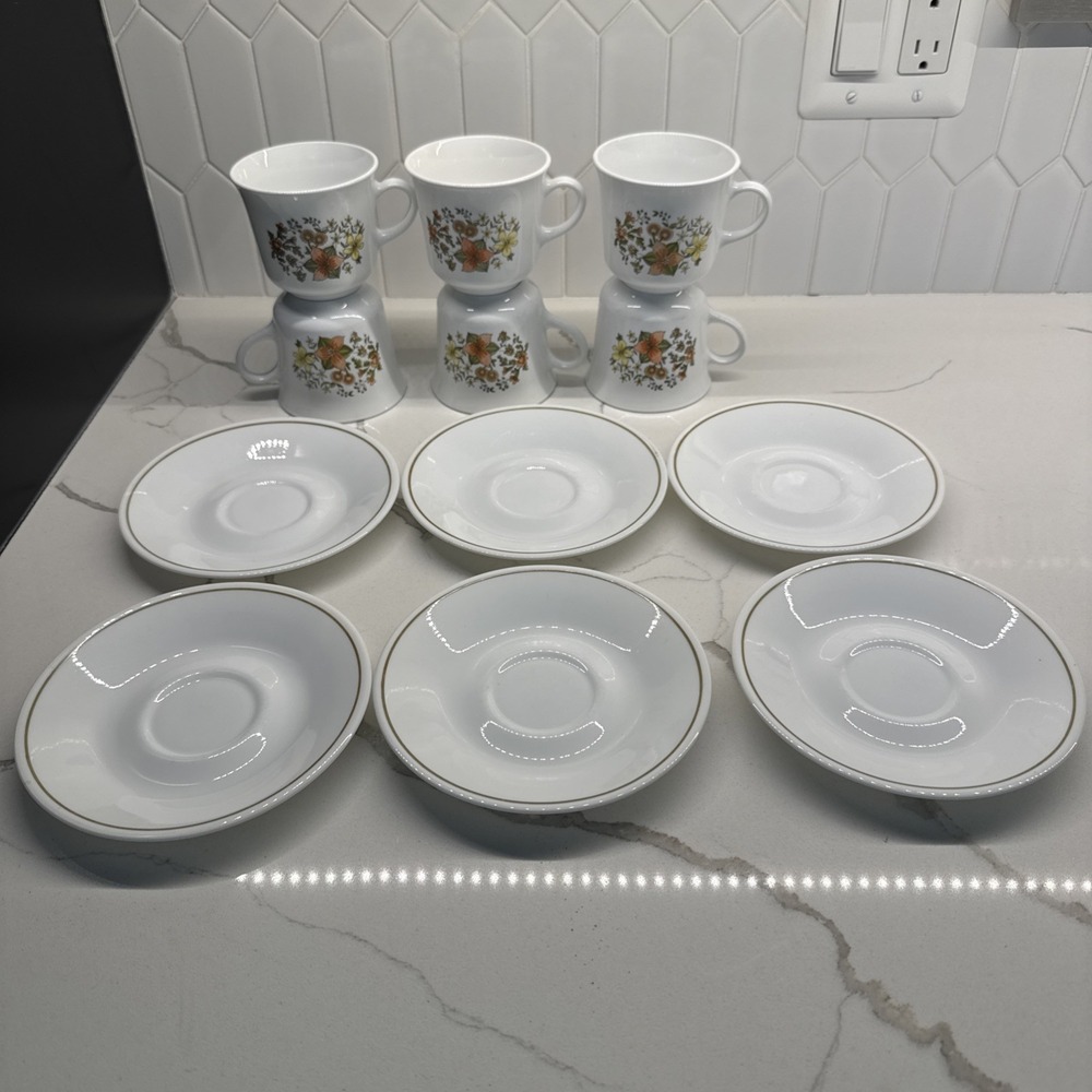 6 VTG SETS Corelle INDIAN SUMMER CUPS & SAUCERS Mugs COFFEE TEA Corning FLORAL